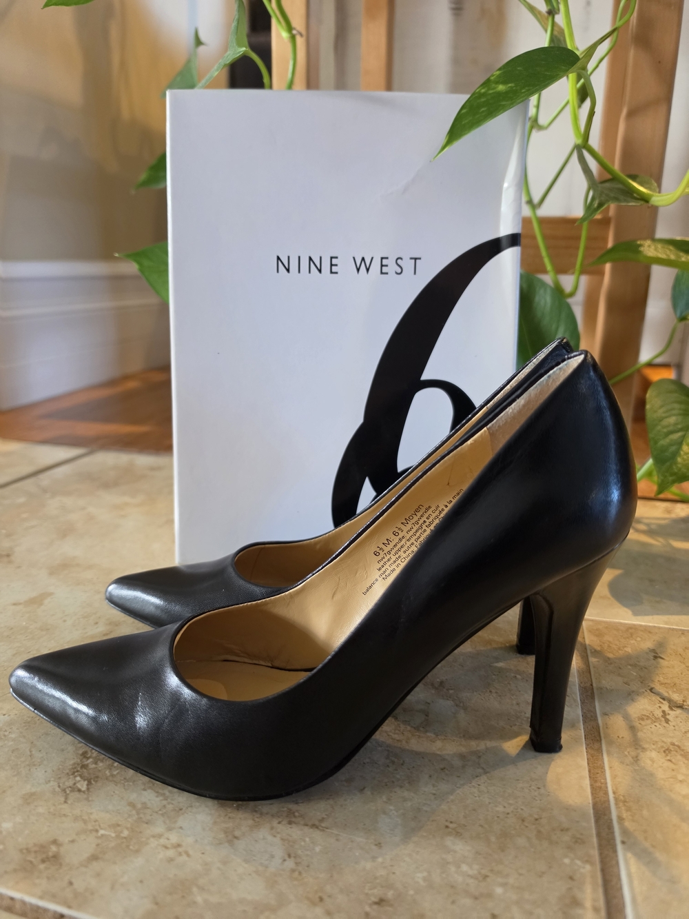 Nine West Black Leather Pointed-Toe Heels